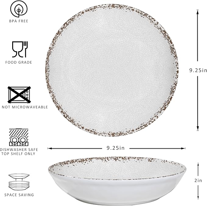Rustic White Melamine Pasta Bowls, 6 Pack 9.25 inch Serving Bowls, Wide and Shallow All-purpose Bowl, Unbreakable Kitchen Bowls for Salad, Pasta, Ramen, Soup, Noodle, Fruit. Dishwasher Safe…