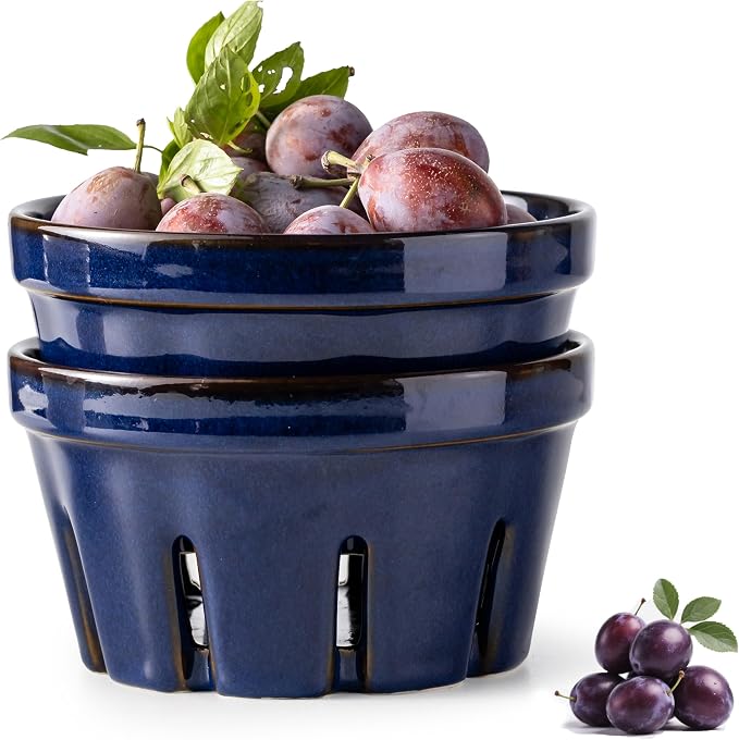 Gomakren Ceramic Berry Basket Set of 2, Fruit Bowl with Holes, Cobalt Blue | Drain Holes Keep Berries Fresh, Stackable Space-Saving, Dishwasher Safe, Versatile Fruit Serving & Farmhouse Kitchen Decor