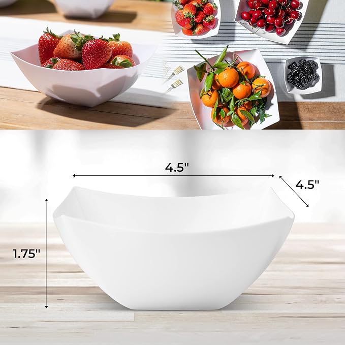 4 Pack Disposable White Plastic Serving Bowls 4 Square Party Candy Use 8oz | Square Design. Disposable Party Tableware. Salad, Fruit & Candy Use. Candy Buffet Containers. White Plastic.