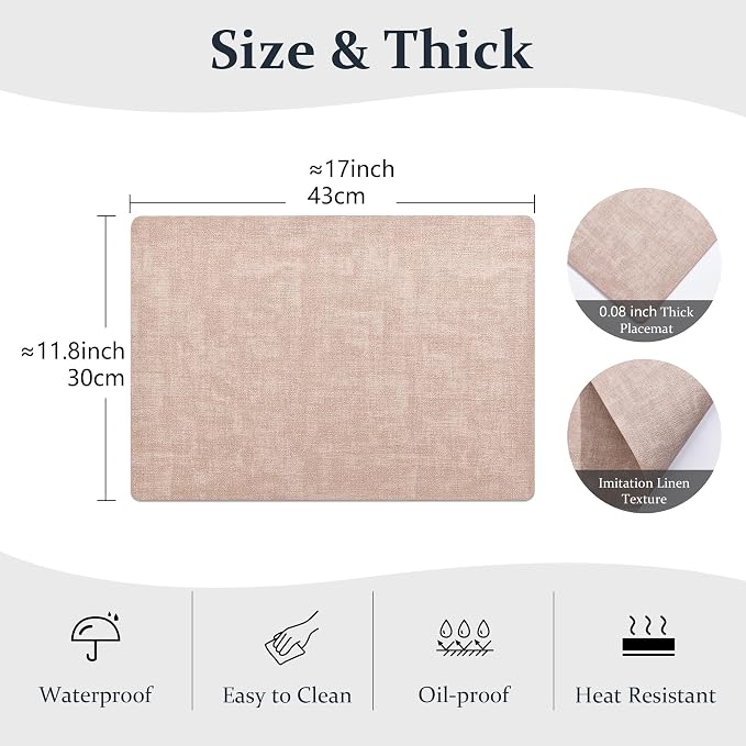 FROMHEART Faux Leather PU Placemats Set of 6 (Pink,11.8" x 17") | Waterproof,Heat/Oil Stain-Resistant Table Mat–Reversible,Non-Slip,Easy to Clean Place Mats for Kitchen,Dining,Indoor/Outdoor
