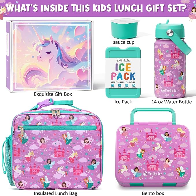 Fimibuke Bento Lunch Box for Kids - Toddler Girls Snack Bento Box Container | with 3 Compartments, 14oz Stainless Steel Water Bottle, Insulated Lunch Bag, Ice Pack Set for Ages 3-12 Daycare, Fairies