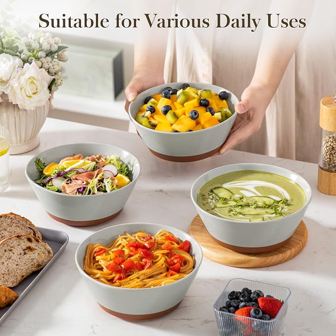 MALACASA Soup Bowls, Ceramic Salad Bowls Set of 4, 36oz Ceramic Bowls | Speckled Deep Bowls for Ramen, Cereal, Fruit and Pho, Microwave & Dishwasher Safe, Stackable, Grey & Brown, Series TARA