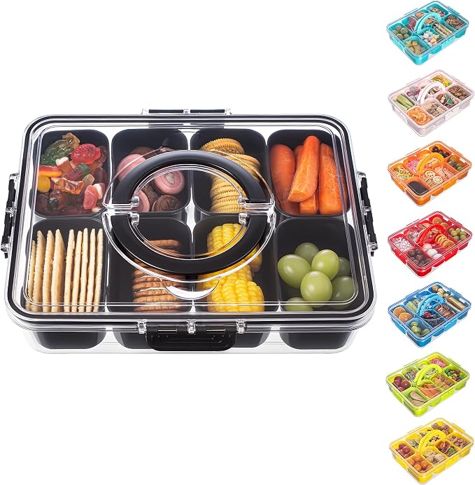 Dingerjar Divided Serving Tray with Lid and Handle - Snackle Box Charcuterie Container for Portable Snack Platters Organizer for Candy, Fruits, Nuts, Snacks - Perfect for Party, Entertaining, Black