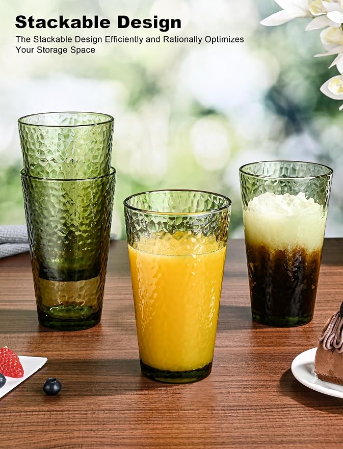 Amyoole Drinking Glasses Set of 8, 16oz Green Highball Water Glasses | Stackable Lead-Free, Clear Heavy Hammered Glass Cups,Kitchen Drinkware Glassware for Cocktail,Beer,Juice,Iced Tea,Margaritas
