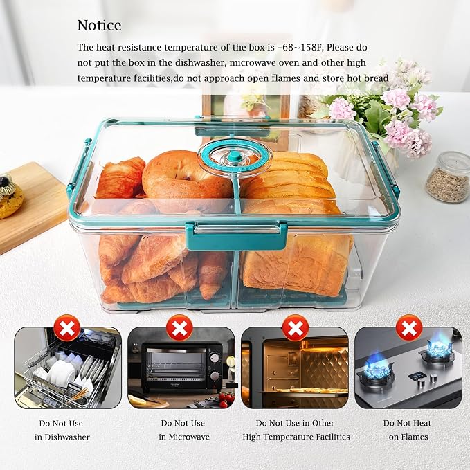 2 Pack Bread Storage Container,Green,7.5L+2.5L | Airtight Bread Box with Time Recording Lid,For Kitchen Countertop,Bread Storage Container,For Homemade Breads Toast Cookies