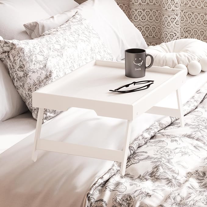 Fibogollo 2 Pack Bamboo Bed Tray Table with Folding Legs,Breakfast Trays,Serving Tray for Food and Snack,Laptop Trays for Working(White)