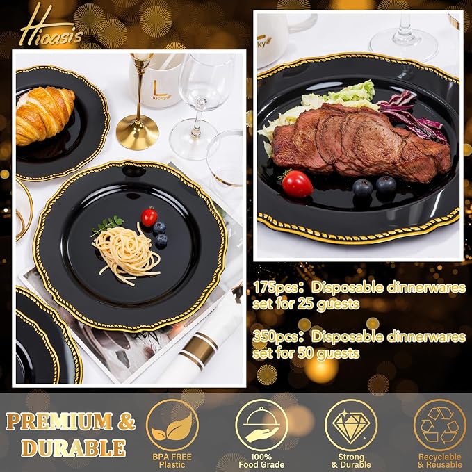 175 Pcs Black and Gold Plastic Plates Wedding & Party | Gold Plastic Dinnerware Set Includes 25 Dinner Plates, 25 Dessert Dinnerware, 25 Cups, 25 Napkins Perfect