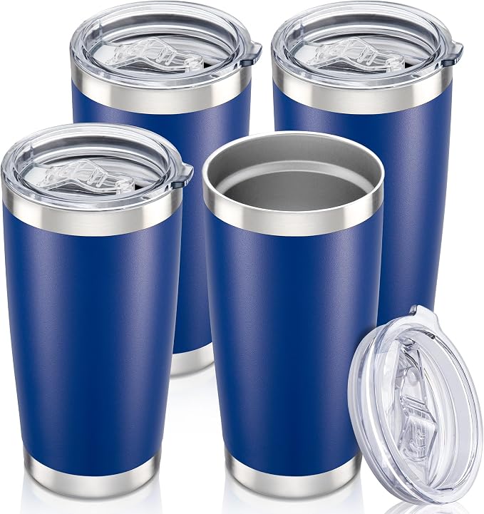 20 oz Tumbler with Lid Stainless Steel Insulated Tumblers Bulk Cups Mug | Double Wall Vacuum, Powder Coated, Keep Drinks Cold and Hot, Waterproof Lid, Fit of Car Cup Holders, Blue, 4 Pack