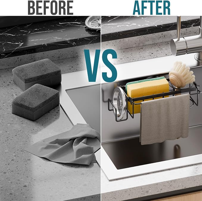 TAILI 4-in-1 Sponge Holder for Kitchen Sink with Strong Suction Cup-Black | Removable Rustproof 304 Stainless Steel Multi-compartment Sponge Holder with Suction Cup, Keeps Brushes & Scrubbers Tidy