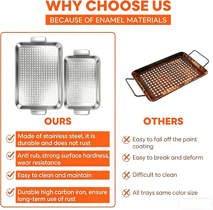 2pcs Grill pan for outdoor grill: Stainless steel Grill topper for outdoor grill - easy clean grill topper suitable for camping, picnic, party (large)