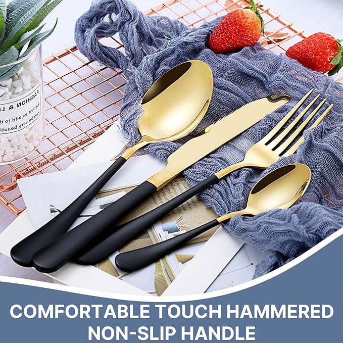 24 Pieces Flatware Set, Caliamary Stainless Steel Flatware Set with Silverware Holder Spoons Forks Knives,Utensils Set Service for 6,Gold Mirror Polished and Matte Pink Painted (Black)…