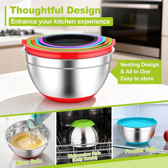 TeamFar Mixing Bowls, Stainless Steel Salad Bowls with Lids - Colorful | Nesting Bowls with Non-slip Bottom, for Kitchen Baking Preparing Serving, Stackable & 6PCS - 4.6 /2.6 /2 / 1.5 /1 / 0.7 Qt