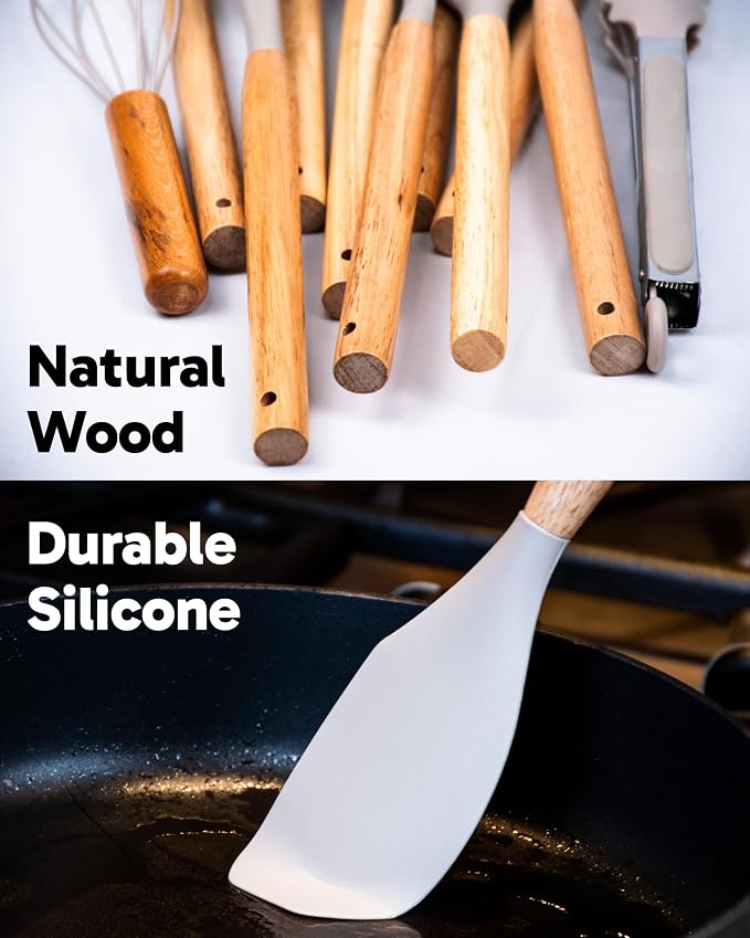 Dusico® Silicone Cooking Utensils Set of 12 Pcs with Wood Handles. Heat Resistant Kitchen Utensils for Nonstick Cookware, BPA Free Silicone Spatula Set & Cooking Spoons, Kitchen Gadgets (Beige)