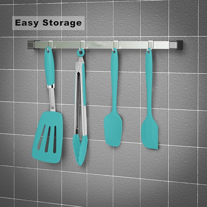 5-Piece Silicone Spatulas Set with Tongs, 446°F Heat Resistant, Aqua Sky | Steel-core Utensils, Nonstick-safe Silicone Turners and Tongs for Flipping, Grilling, Mixing and Baking, Dishwasher Safe