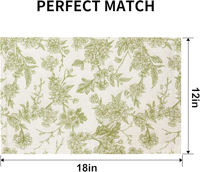 QIYI Boho Table Placemats Set of 4, 12"x18" Linen Place Mats, Green Blooms | Fabric Place Mats for Kitchen Dinning, Farmhouse Rustic Cloth Table Mats, Washable Placemat Party Table Décor