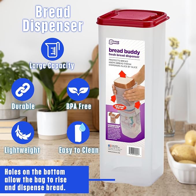 Buddeez Bread Buddy Bread Box, Keeps 1 Sandwich Size Loaf Fresh | Bread storage container for standard 1.5 lb loaves, keeps sandwich bread organized, compact countertop bread keeper