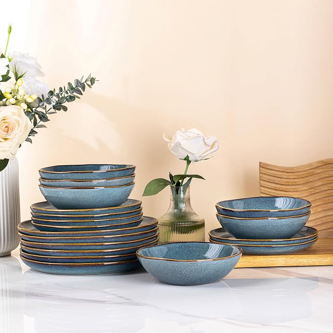 AmorArc Ceramic Dinnerware Sets for 6, 18Pcs Plates and Bowls Sets Dishes | Stoneware Handmade Reactive Glaze Dinner Set, Highly Scratch Resistant | Dishwasher & Microwave Safe Dishware