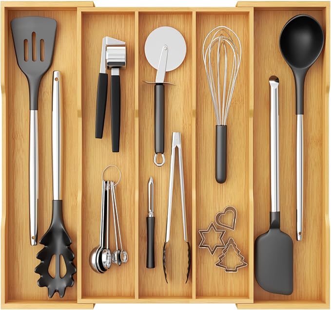 Lifewit Utensil Drawer Organizer, Expandable Kitchen Tool Tray | Wood Adjustable Flatware and Spatula Storage Divider, 11-19.7 x 17 x 1.8“, Natural