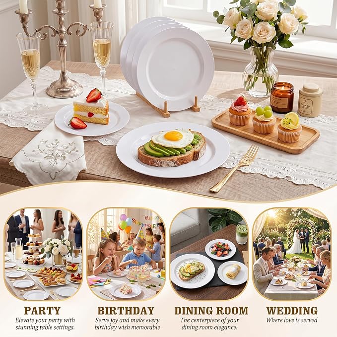 KIRE 120PCS White Plastic Plates - Heavy Duty White Disposable Plates for Party/Wedding - Include 60Pieces 10.25inch Dinner Plates - 60Pieces 7.5inch Dessert/Salad Plates