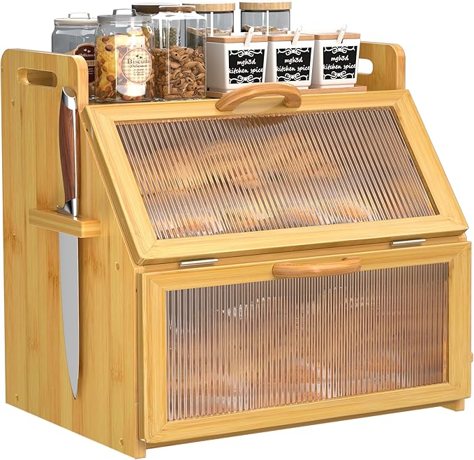 Bread Box for Kitchen Countertop, Large Bread Storage Container for Homemade Bread, Wooden Farmhouse Breadbox Organizers, Double Layer Bread Bin with Acrylic Window Bread Holder, Brown