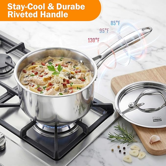 Cooks Standard Multi-Ply Clad 3 Quart Stainless Steel Saucepan with Lid, Kitchen Induction Cooking Sauce Pot Pan, Dishwasher & Oven Safe, Compatible with All Cooktops