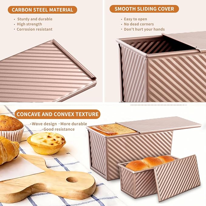 3 Pack Pullman Loaf Pan with Lids, Non-Stick Bread Loaf Pan, Heavy Duty Carbon Steel Corrugated Toast Box for Baking, Square Bread Pans for Homemade Sandwich, Bakeware (Rose Gold)