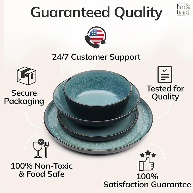 32 Piece Stoneware Dinnerware Set for 8 - Handmade Reactive Glaze Plates and Bowls Set - Chip & Scratch Resistant Dish Set - Dishwasher Microwave Safe - Dark Petrol Blue