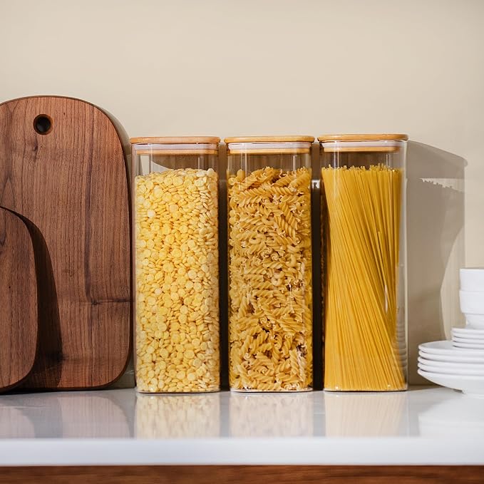 D2scrma 71oz Glass Square Storage Containers with Bamboo Lids Set of 3 (2100ml) Tall Food Storage Canisters Kitchen Jars for Pantry Organization Pasta, Penne, Macaroni, Lasagna, Fusilli