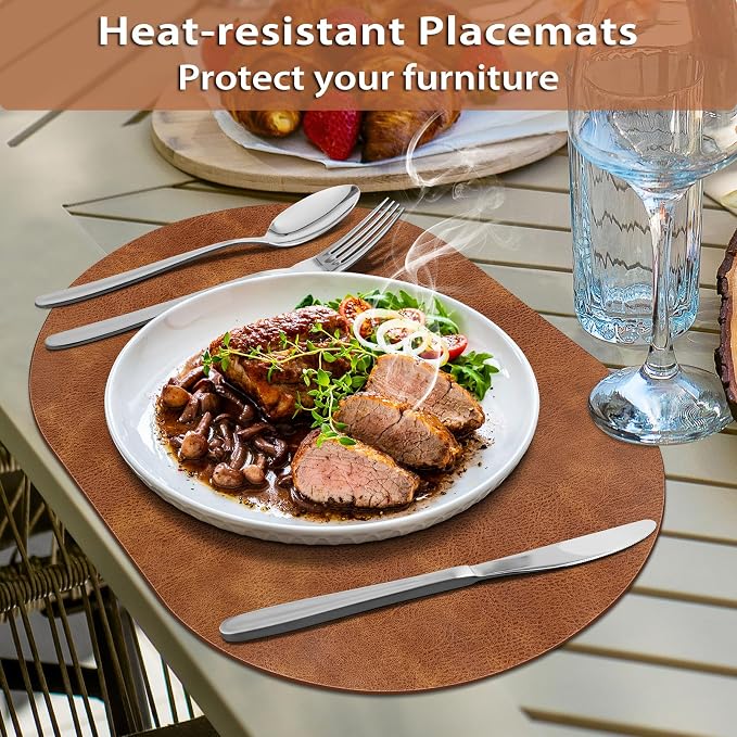 ADRIMER Placemats, Heat Resistant Oval Placemats Set of 4 Washable 12 x 17 Inch, Waterproof Table Mats, Wipeable Pu Place Mats for Kitchen, Dining Room, Turmeric Brown+Light Brown+Green+Blue