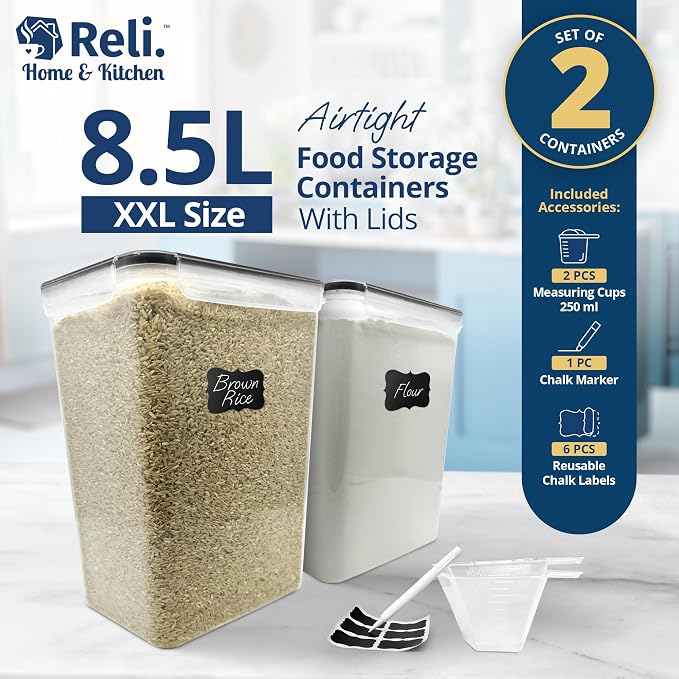Reli. Airtight Food Storage Containers Stackable 8.5L Flour Sugar (2 Pack) | Pantry Storage, XXL, Freshness Seal, Dry Goods, See-Through, Labels, 2 Measuring Cups, BPA Free, Leak-Proof, Reusable