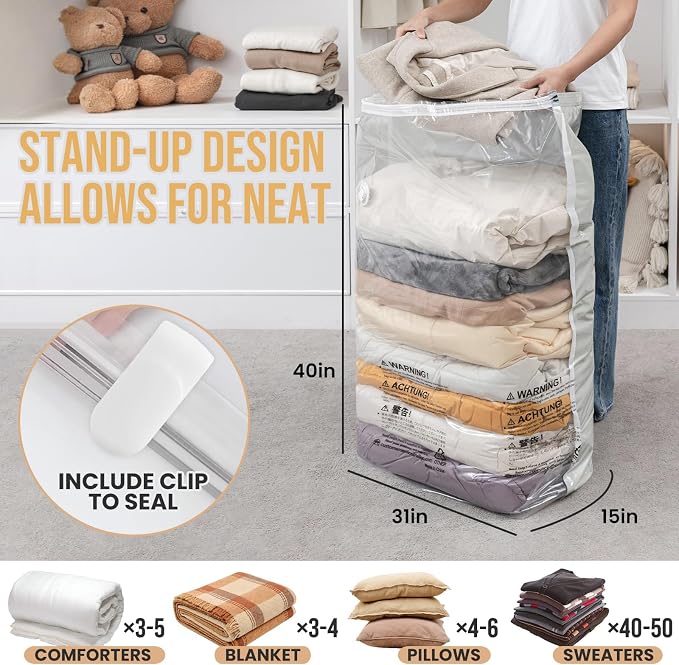 TAILI 10 Pack Vacuum Storage Bags, Jumbo Cube Space Saver Bags (31x40x15 Inch), Extra Large Vacuum Sealer Bags for Comforters Blankets Bedding Clothing, Closet Organizer, Cream | XL Large Vacuum Seal Bags for Clothing, Comforters, Blankets, Bedding, Sp...