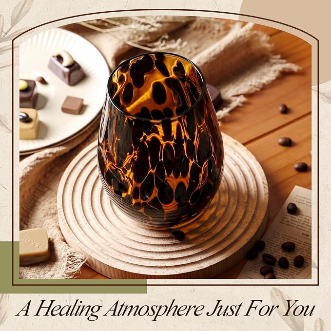 SiliFine 1 Pcs Tortoise Shell Wine Glasses, 16oz Vintage Brown Decorative Glassware, Aesthetic Hand Blown Leopard Print Stemless Drinkware for Cocktail, Gin, Gifts for Party, Housewarming