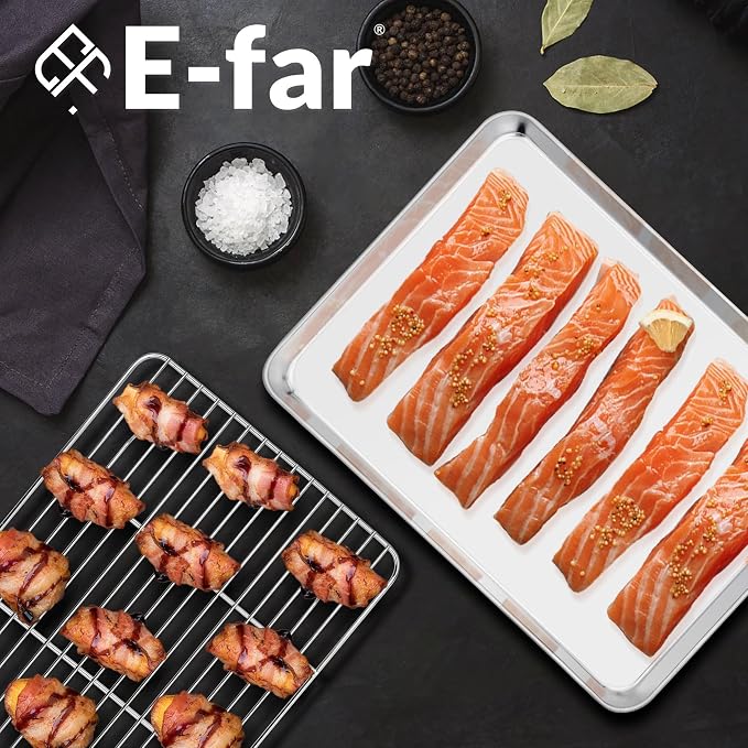 E-far Baking Sheet with Wire Rack, Stainless Steel 2 Pans + 2 Racks | 16 x 12 Inch Cookie Sheets Pan & Cooling Rack for Baking Cookies/Jelly Rolls, Non Toxic & Heavy Duty, Oven & Dishwasher Safe