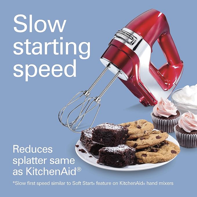 Hamilton Beach Professional 5-Speed Electric Hand Mixer | High-Performance DC Motor | Slow Start | Snap-On Storage Case | Stainless Steel Beaters & Whisk | Red & Chrome| 62653