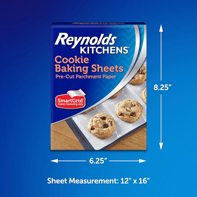 Reynolds Kitchens Parchment Baking Sheets, 25 Sheets (Pack of 4), 100 Total | Pre-cut parchment cookie baking sheets, Non-stick, Smart-grid lines for even spacing of cookies, Use up to 3 times