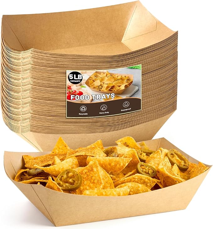 ZORRITA Extra Large Paper Food Trays, 5 LB, 50 Pack | Disposable, Kraft Paper, Nacho Trays, Food Boats, Party Serving Baskets, For Sandwiches Burgers Popcorns Snacks