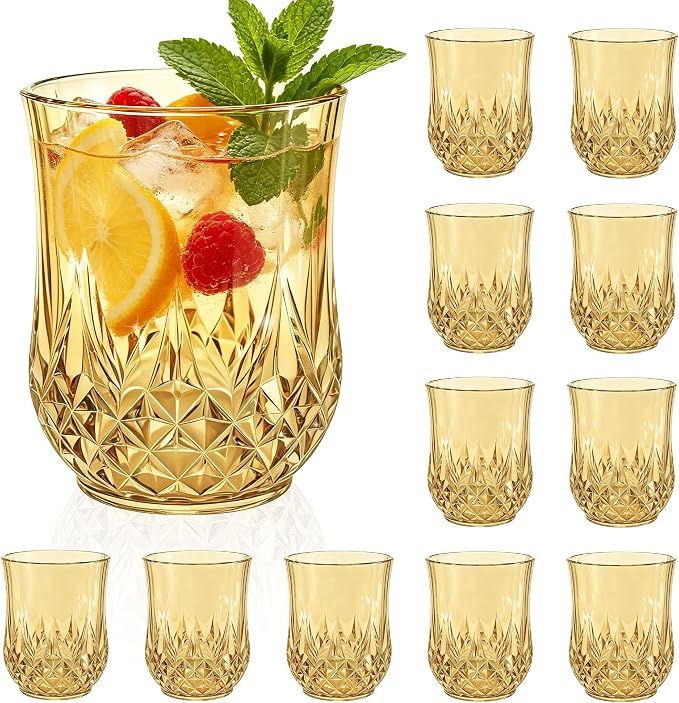 12 Pack Plastic Stemless Wine Glasses, 12oz Unbreakable Wine Cups | Reusable Fancy Vintage Drinking Glass Bulk for Cocktail, Whiskey, Juice, Elegant Decor for Wedding, Party & Holiday Events