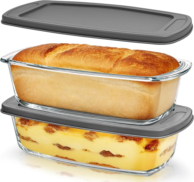 LOVYANXUE 2 Pack Glass Loaf Pan with Lid, 1.9QT/ 62 OZ Bread Pan - Baking Dish with Airtight Lids BPA free - Meatloaf Pans For Homemade Bread, Baking, Cakes, Dessert, Microwave & Oven Safe