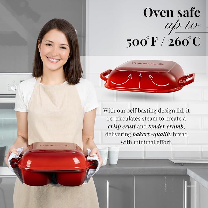 QuadPro Enamelled Cast Iron Bread Loaf Pot – Dutch Oven for Sourdough Bread Baking – 500°F Oven Safe Non Stick Bread Pot – 4 Round Loaf Spaces (4.90-inch Diameter), Red – by Nuovva
