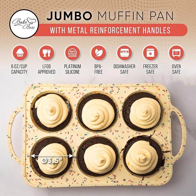 Confetti Silicone Jumbo Muffin Pan, 6 Cup Nonstick Cupcake Pan, BPA-Free | Metal Reinforced Silicone Jumbo Muffin Pan for Baking, Nonstick Silicone Cupcake Pan, Easy Release Surface, Dishwasher Safe