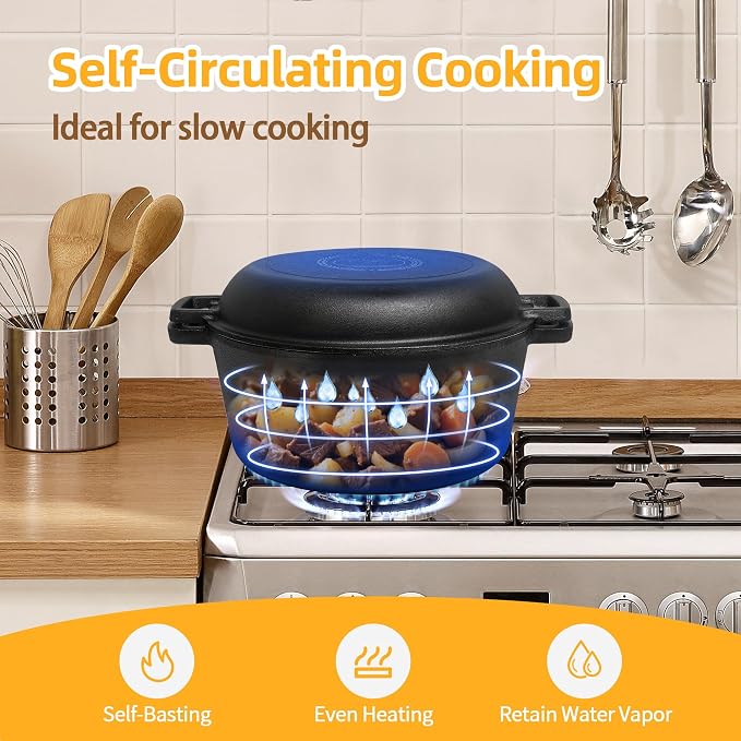 Pre-Seasoned Cast Iron Dutch Oven Pot with Skillet Lid, 5 Qt | 2-in-1, Evenly heated, Includes Proofing Basket Sourdough Starter Kit, For Bread Baking, Camping, Frying and Braising