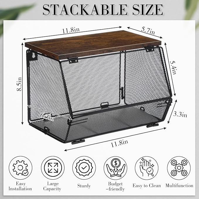 Teenyyou 2 Pcs Stackable Mesh Fruit Basket with Lid Wall Produce Vegetable Storage Basket Onion Potato Hanging Metal Wire Container for Kitchen Counter Pantry(Non-removable,Black,7.1" w & 11.8" l)