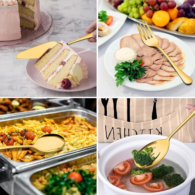 Serving Utensils, XEVOM 6-Piece Stainless Steel Serving Utensil Set Gold | Include Serving Spoon, Slotted Serving Spoon, Serving Fork,Serving Tong, Appetizers Tong,Pie Server