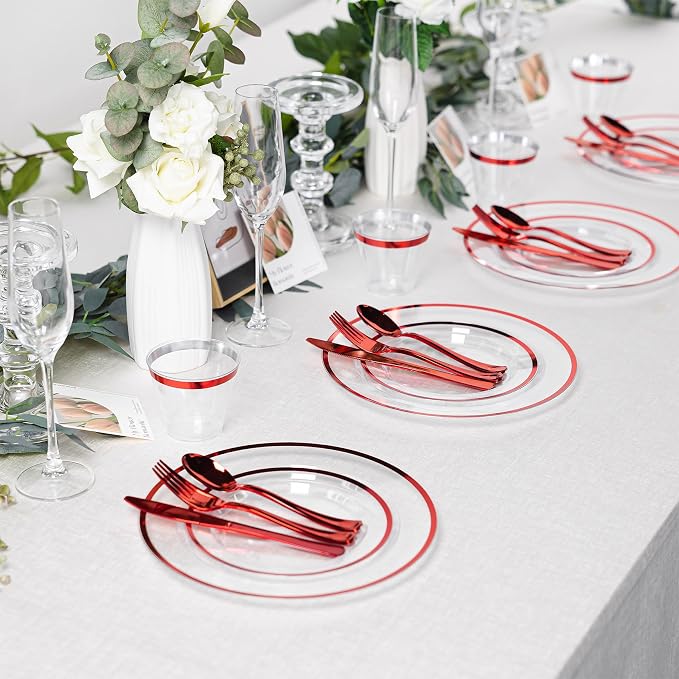 600PCS Clear & Red Plastic Plates, Disposable Dinnerware Set Heavy Duty | 100 Guest, 100 Dinner & Dessert Plates, Forks, Spoons, Knives, Cups, Red Rim, for Wedding Birthday Party Christmas