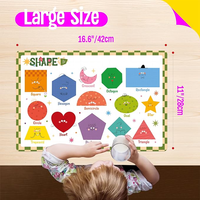 6 Pack Placemats for Kids, Non-Slip Washable, Reusable Alphabet, Number, Shape, Color, America & World Map Themed Educational Placemats for Home, Kindergarten, Classroom, Nursery