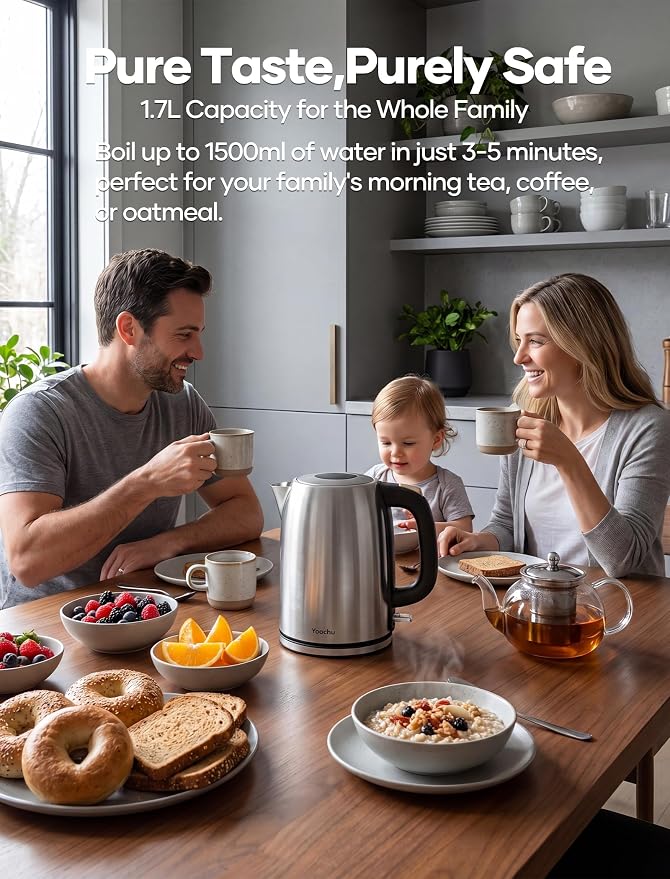 Electric Kettle Stainless Steel, 1.7L Water Boiler & Heater, 1500W Hot Tea Pot, Boil Dry Protection & Auto Shut-Off, BPA-Free