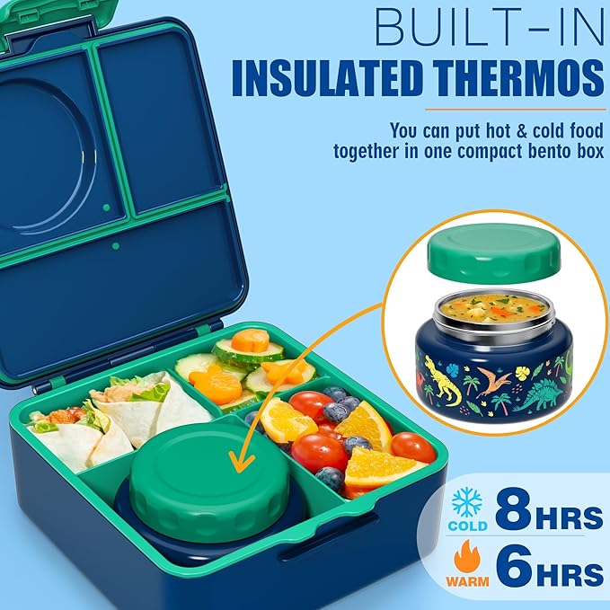 Fimibuke Bento Box for Kids Adults, BPA Free Toddler Lunch Box with Thermo | w/ 8.5oz Insulated Food Jar Utensils & Sauce Jar, Leakproof Dishwasher Safe 3 or 4 Compartment Container for School Girl Boys