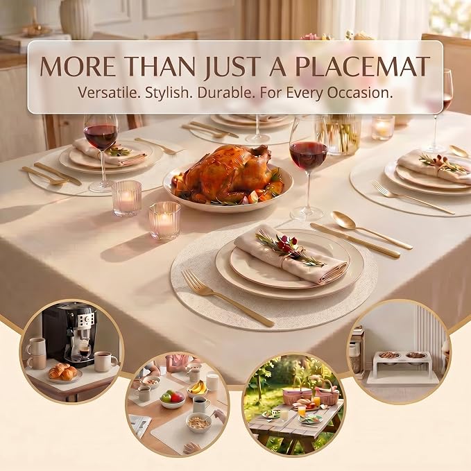 Faux Leather Placemats Set of 4, Wipeable Waterproof Stain Resistant Table Mats, Heat Resistant Thick Placemats with Hand-Painted Edges for Kitchen Dining, Imitative Linen Texture, Various Shapes