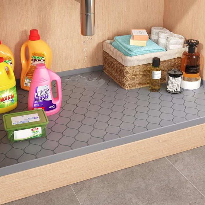 Winisok Waterproof Under Sink Mat 28" x 19", Silicone Mat, Beige | Raised Edge Traps Spills & Leaks, Shelf Liner, Cabinet Protector, for Kitchen, Bathroom, Boots, Pets, Home Essentials