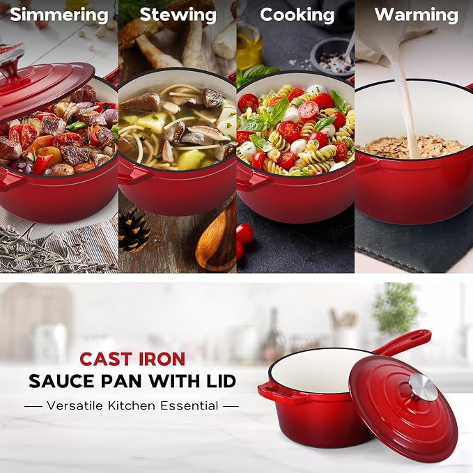 Onader Cast Iron Sauce Pan Pot, 1QT & 2QT & 3QT Small Saucepan with Lid, Enameled Cast Iron Dutch Oven Cooking Kitchen Pot, Nonstick & Heavy Duty – Red
